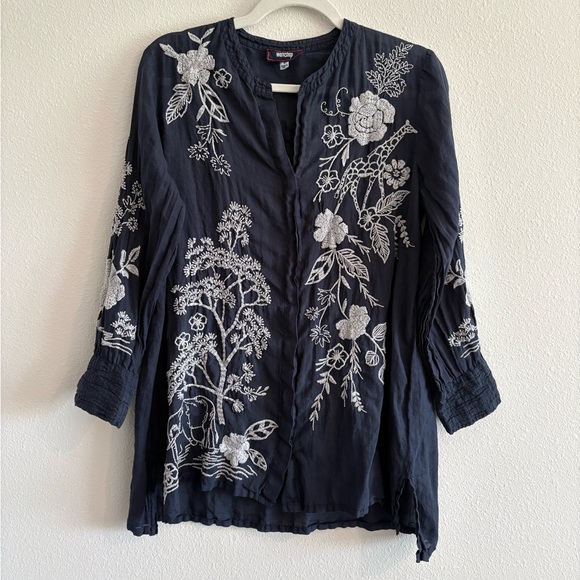 Johnny Was Osiris Voyager Tunic Top Embroidered Long-Sleeve Women’s Small Navy - Picture 5 of 12